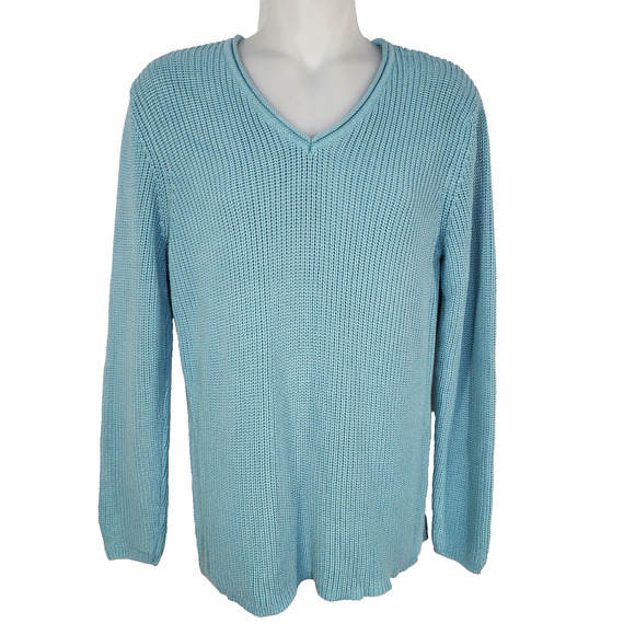 Chico’s Sweater Women’s Size 1 Medium Silk Blend V Neck Teal Cable Knit Preppy - Picture 1 of 8